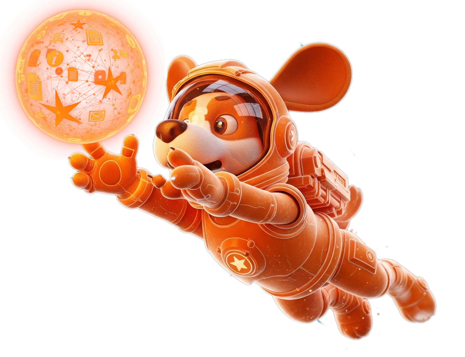 A dog in space, making a discovery.
